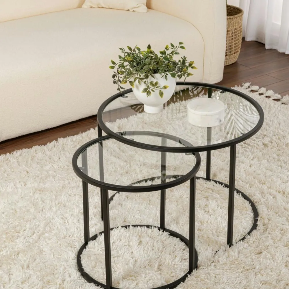Sellettes En Métal|Tables D'Appoint Rondes|TULUM Table gigogne en verre - cadre noir (lot de 2) ⌀80 cm