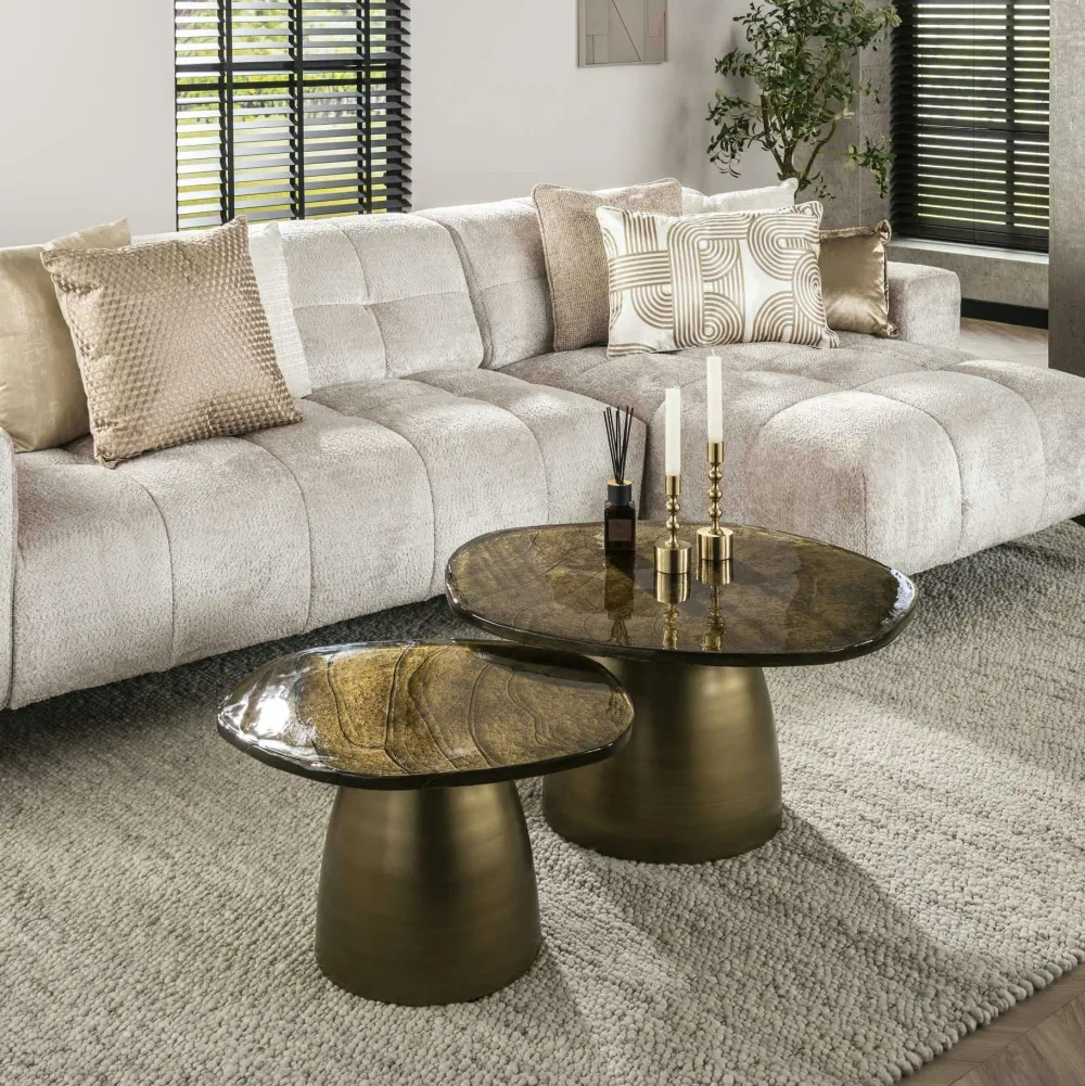 Tables Basses Design|Tables Basses En Verre|LAGUNA Table gigogne en verre – finition cuivre antique (lot de 2)