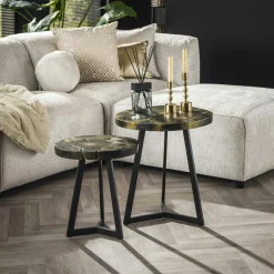 Tables Basses Rondes|NOVA Table gigogne ronde en teck recyclé noir et or (2 pièces)