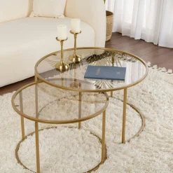 Sellettes En Métal|Tables D'Appoint Rondes|TULUM Table gigogne verre ambré - cadre doré (lot de 2) ⌀80 cm