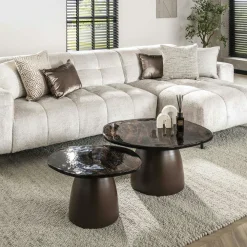 Sellettes En Métal|Tables D'Appoint Rondes|TULUM Table gigogne verre ambré - cadre doré (lot de 2) ⌀80 cm