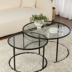 Sellettes En Métal|Tables D'Appoint Rondes|TULUM Table gigogne verre fumé - cadre noir (lot de 2) ⌀80 cm
