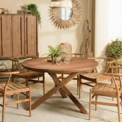 Tables À Manger Rondes|Tables Pied Central|Swing Table ronde en teck massif recyclé 130 cm pied croisé bois