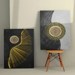 Tableaux / Toiles| Tableau abstrait soleil or – fond noir et argent (set de 2)