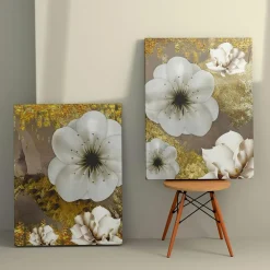 Tableaux / Toiles| Tableau fleurs blanches – fond taupe et or (set de 2)