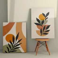 Tableaux / Toiles| Tableau graphique bleus et orange – cadre bois (lot de 3)