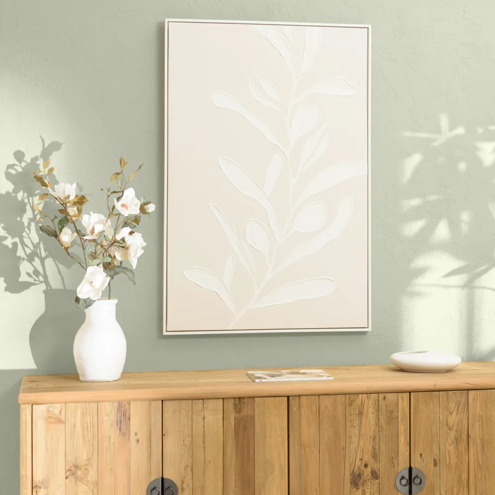 Tableaux / Toiles| Tableau lin beige feuillage de platre 83 x 123 cm