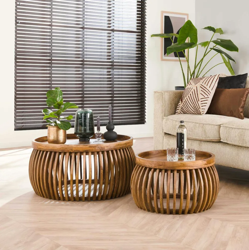 Univers Déco·Globe-Trotter|Tables Basses Gigognes|DELHI Tables basses rondes avec baguettes bois (lot de 2)