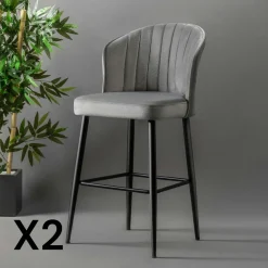 Tabourets De Bar En Velours|ROSARIO Tabouret de bar en velours gris 65 cm (lot de 2)