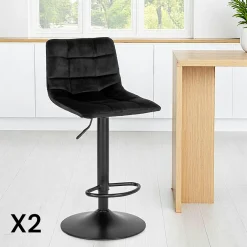 Tabourets De Bar En Velours|SAVONE Tabouret de bar noir velours, réglable en hauteur et pivotant (lot de 2)