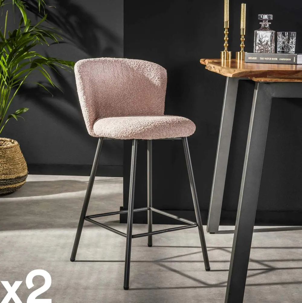 Univers Déco·Design Contemporain|Chaises Bouclettes|GALWAY Tabouret de bar rose en tissu bouclette (lot de 2)
