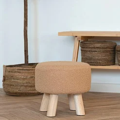 Meubles De Salon·Poufs|Meubles De Salle À Manger·Tabourets|Arizona Tabouret rond en bois de teck brun en fausse fourrure - 4 pieds