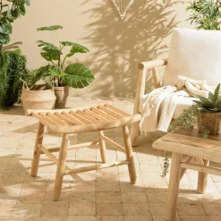 Meubles De Salle À Manger·Tabourets|MANAK Tabouret rondins de teck naturel assise macramé blanc