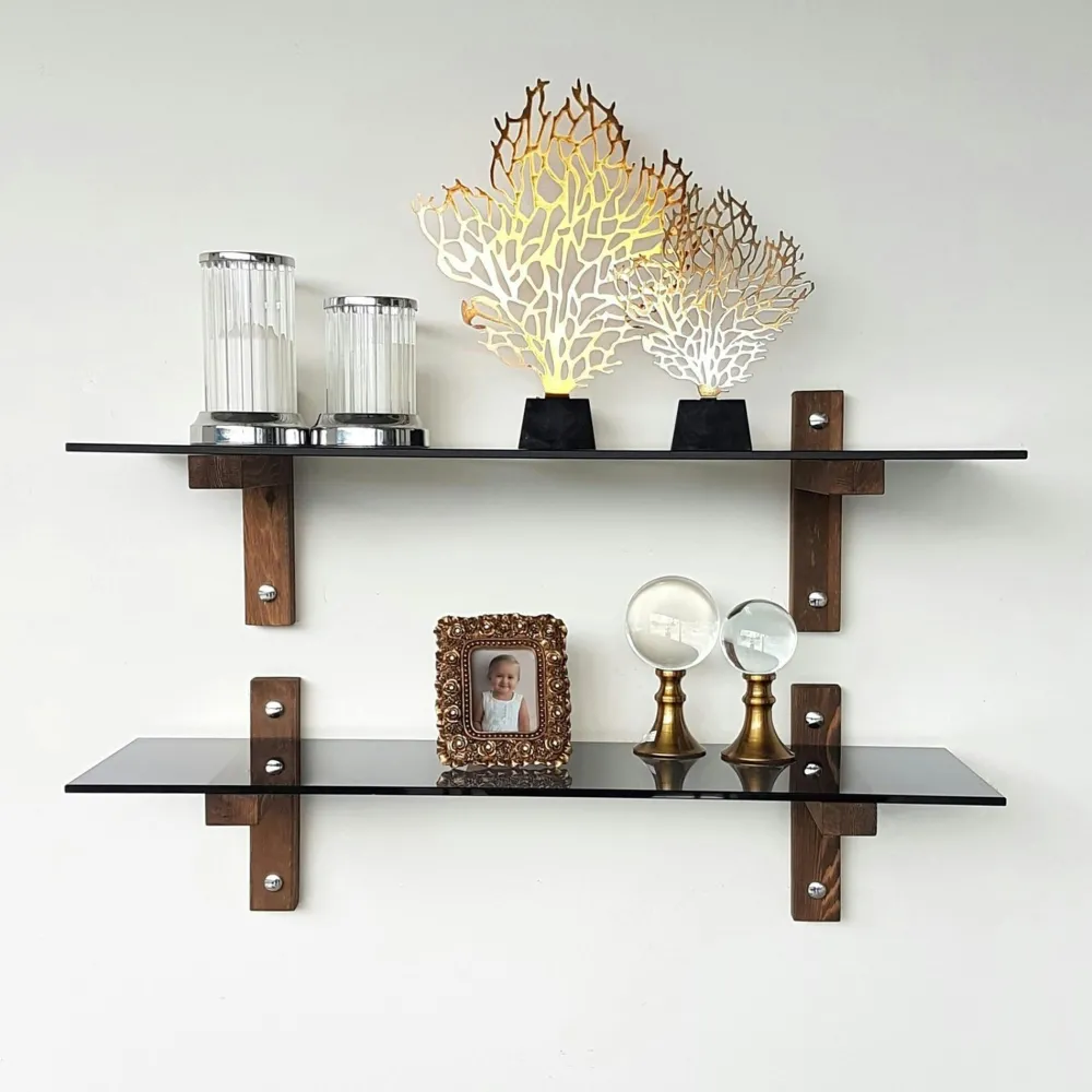 Meubles De Salon·Etagères Murales|Meubles De Rangement·Etagères Murales|LHASA Étagère murale en verre fumé - supports bois foncé (lot de 2)