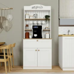 Meubles De Cuisine·Rangement Cuisine|Vaisseliers Contemporains|VAREN Vaisselier de cuisine blanc, cannage & niche café