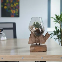 Vases|Arizona Vase verre soufflé et racine teck, artisanal H 50 cm