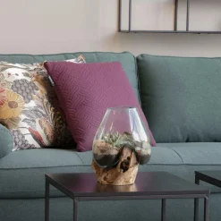 Vases|Arizona Vase verre soufflé et racine teck, artisanal H 20 cm